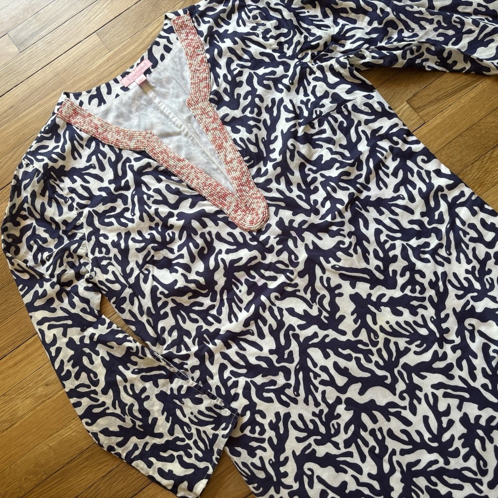 Lilly Pulitzer Courtney Tunic Dress Bright Navy Treasure Beaded Neck Small Prep